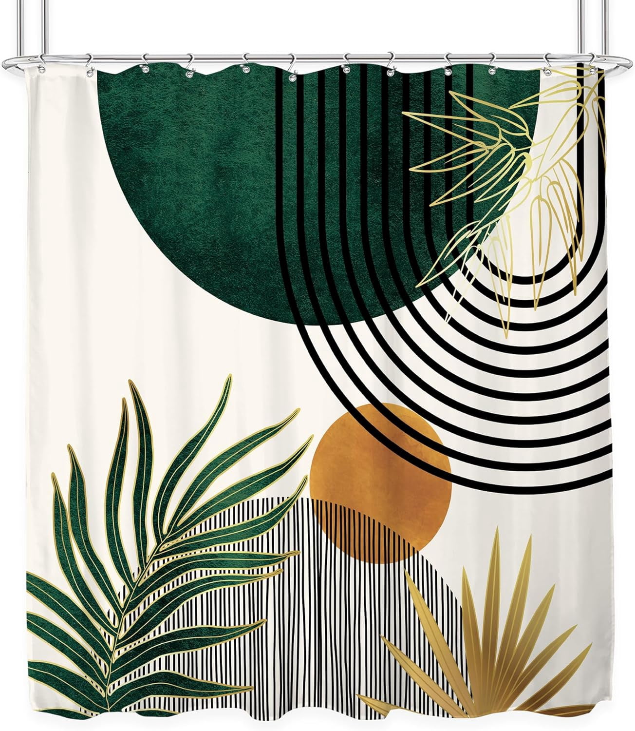 Mid Century Green Boho Shower Curtain for Bathroom Decor 72Wx72H Inches Abstract Modern Minimalist Sun Arch Curve Leaves Geometric Neutral Aesthetic Fabric Waterproof Polyester 12 Pack Hooks