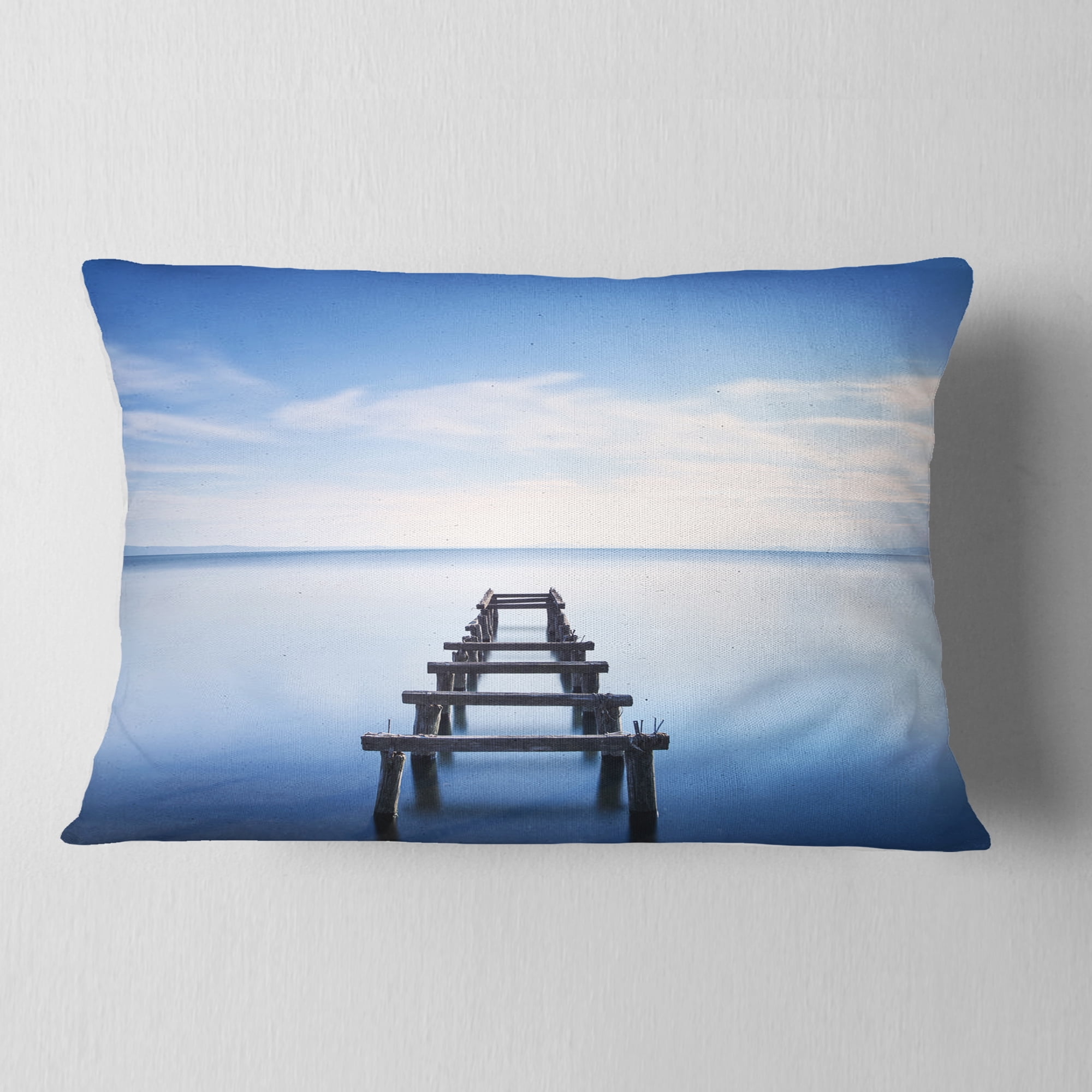 Designart Jetty Remains in Blue Lake - Seascape Throw Pillow - 12x20