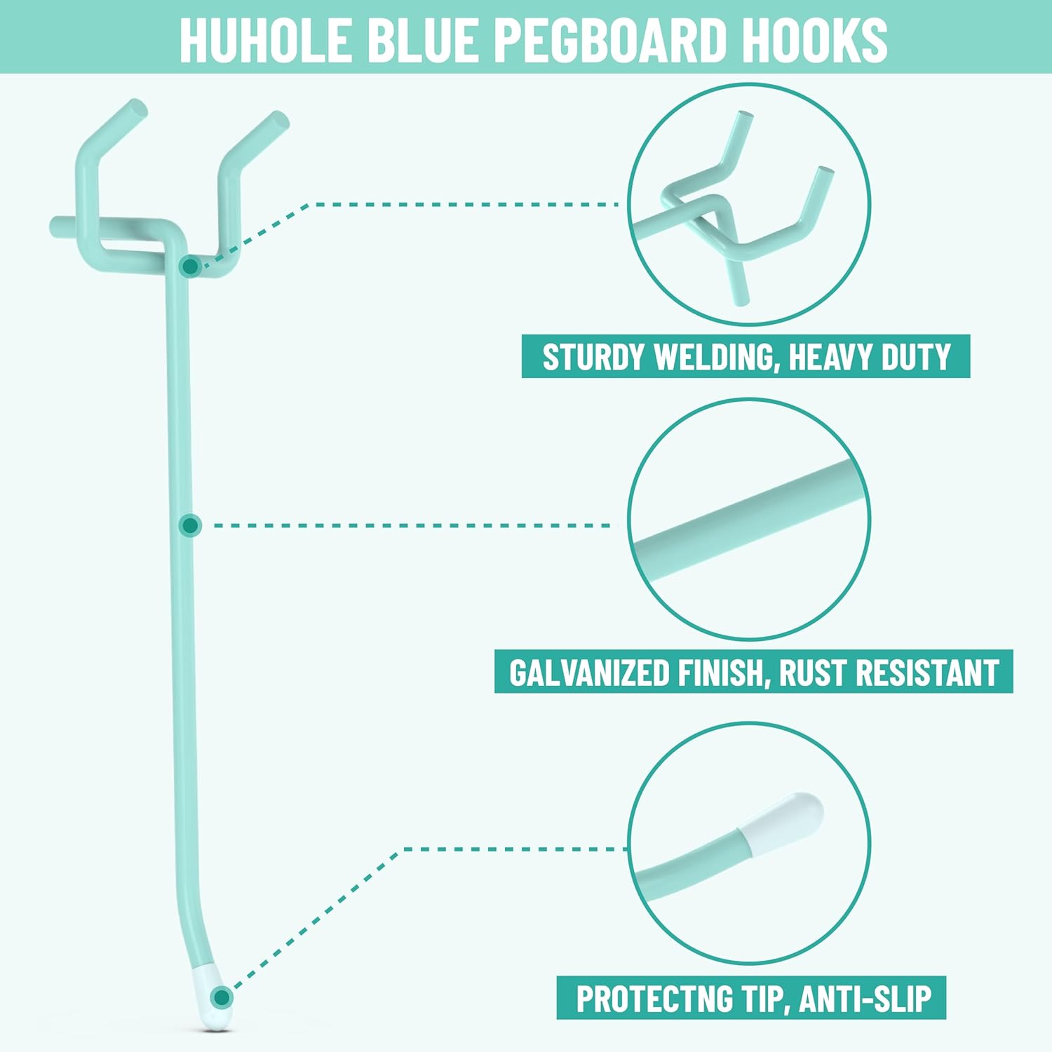 JJEAN-50-Pack Blue Pegboard Hooks 2 Inch, Decorative Metal Peg Board Hangers with Rubber Safety Tips, Fits 1/8" & 1/4" Boards, Heavy Duty Organizer for Craft Room, Nursery, Garage & Retail Display