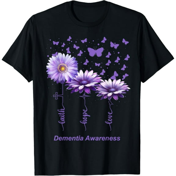 Faith Hope Love Purple Flower Ribbon Dementia Awareness T-ShirtMen and women, Black T-shirt, size: Extra large S-4XL