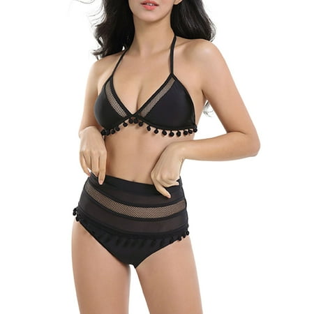 CAIVO Womens Two Pieces Swimsuits Striped Tassel Bikini Set High Waisted Resort Beachwear Swim Wear