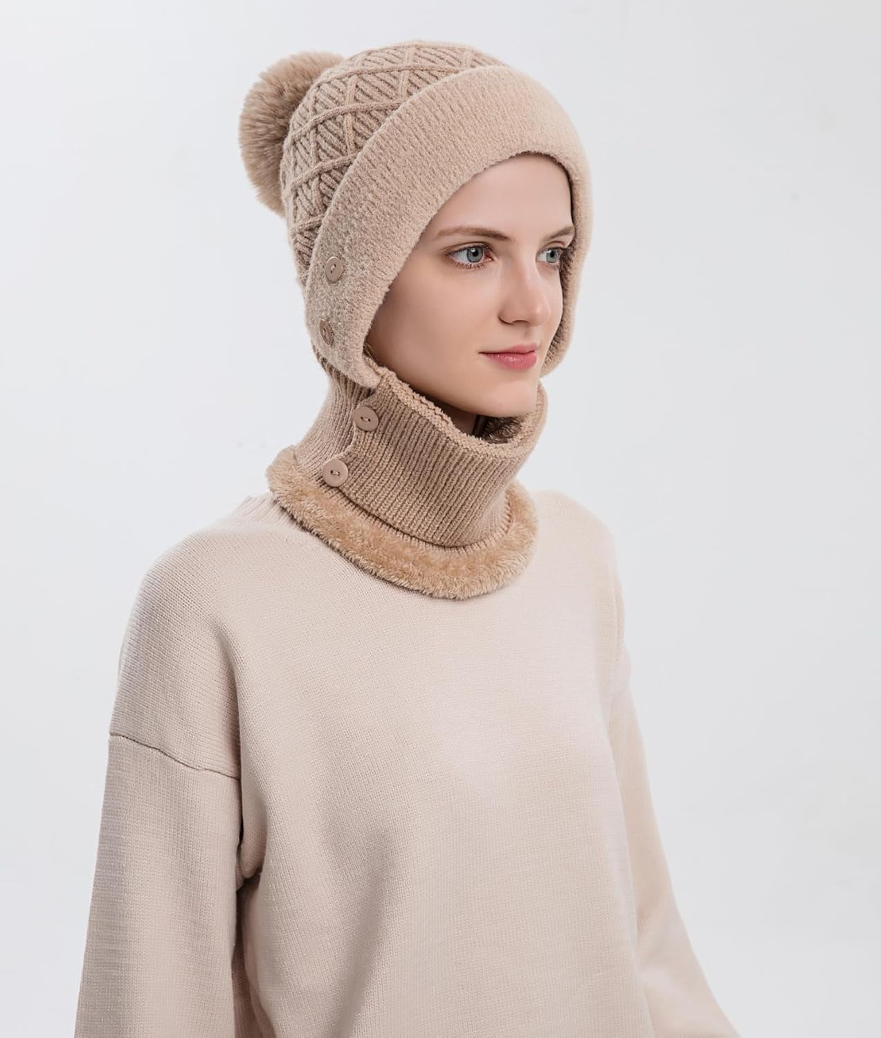 YooGuoGuo Women Winter Beanie Hats One Piece Fleece Lined Knit Balaclavas Mask Set Skull Neck Circle Scarf Ski Snow Hat Pompom