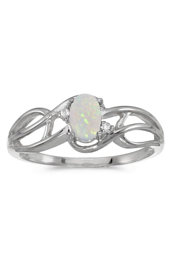 10k White Gold Oval Opal And Diamond Curve Ring