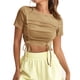 thumbnail image 3 of Top de manga corta para mujer, camisa de cuello redondo con cordones de Color sólido, ropa para citas y compras, 3 of 6