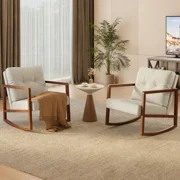 Lofka Patio Furniture Clearance, Outdoor Patio Rocking Chair with Soild Wood Legs, Soft Cushion, Beige+Retro