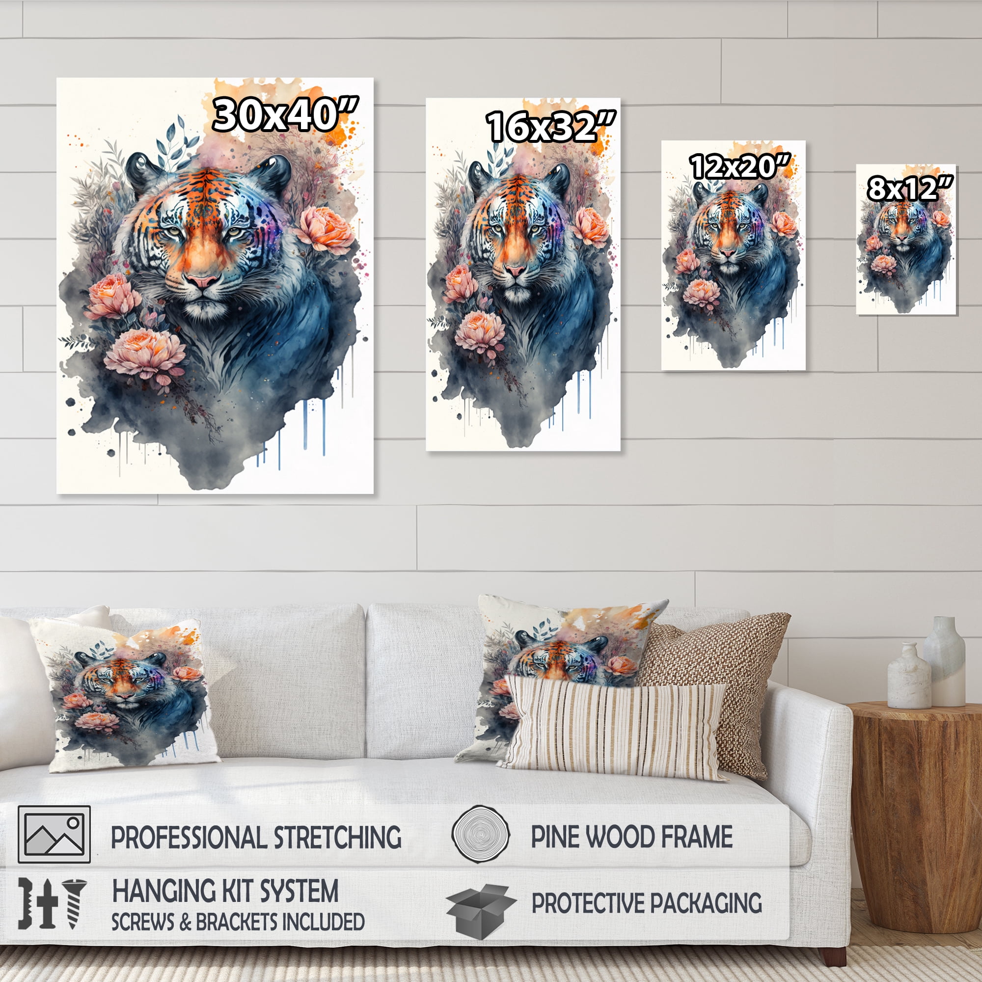 Designart Cute Tiger Floral Art III Canvas Wall Art