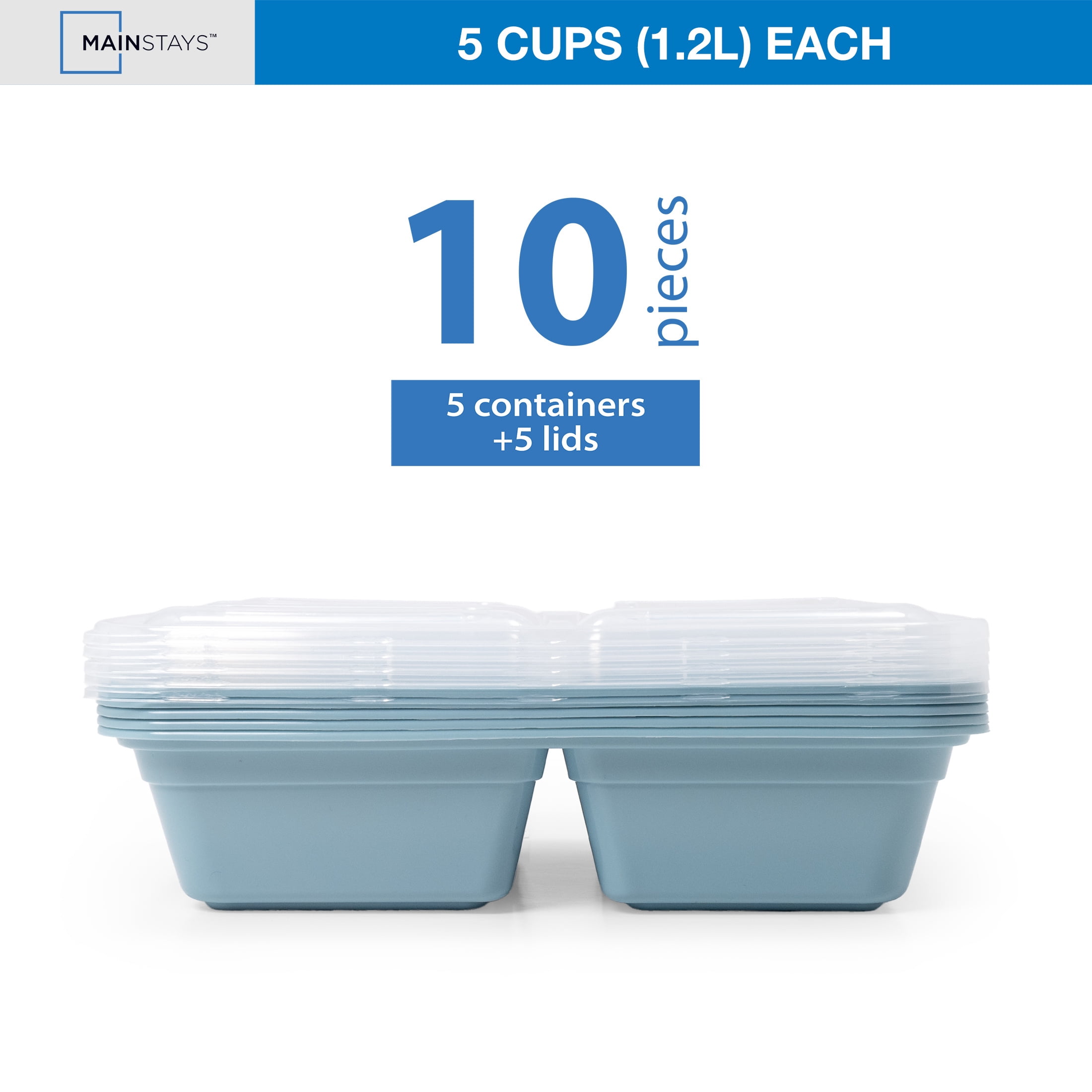 Mainstays 5-Pack 3-Compartment BPA-Free Plastic Meal Prep Food Storage Containers, 1.2L, Blue Cameo