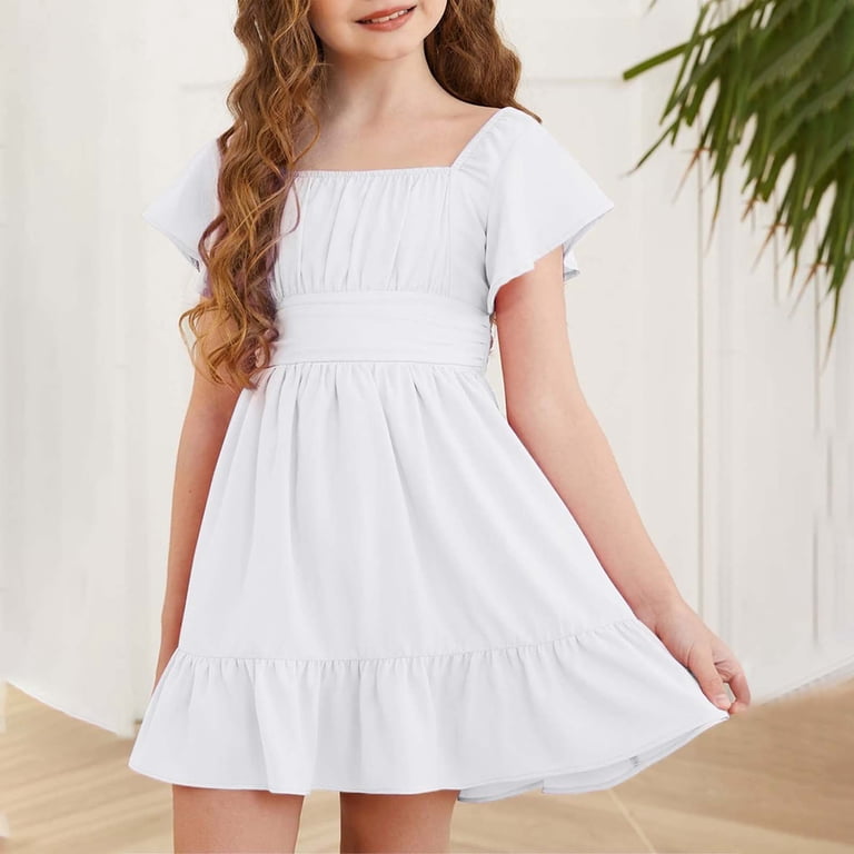 Ruyang Girls Short Sleeve Dress Square Neck Pleated Swing Dresses Teen Kids Solid Summer Elegant Cute Short Smocked Dresses
