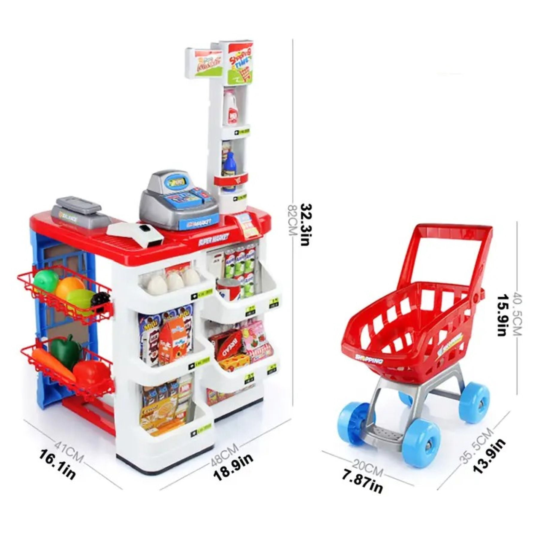 Mundo Toys Kids Supermarket Playset with Shopping Cart, Light & Sound Scanner, 24 Accessories