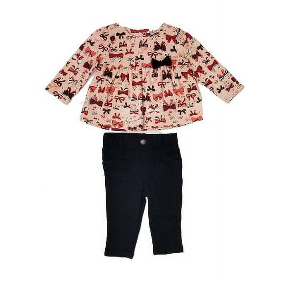 Infant Girls Baby Pink Red Bow Top Shirt & Black Legging Pants Outfit 3-6M