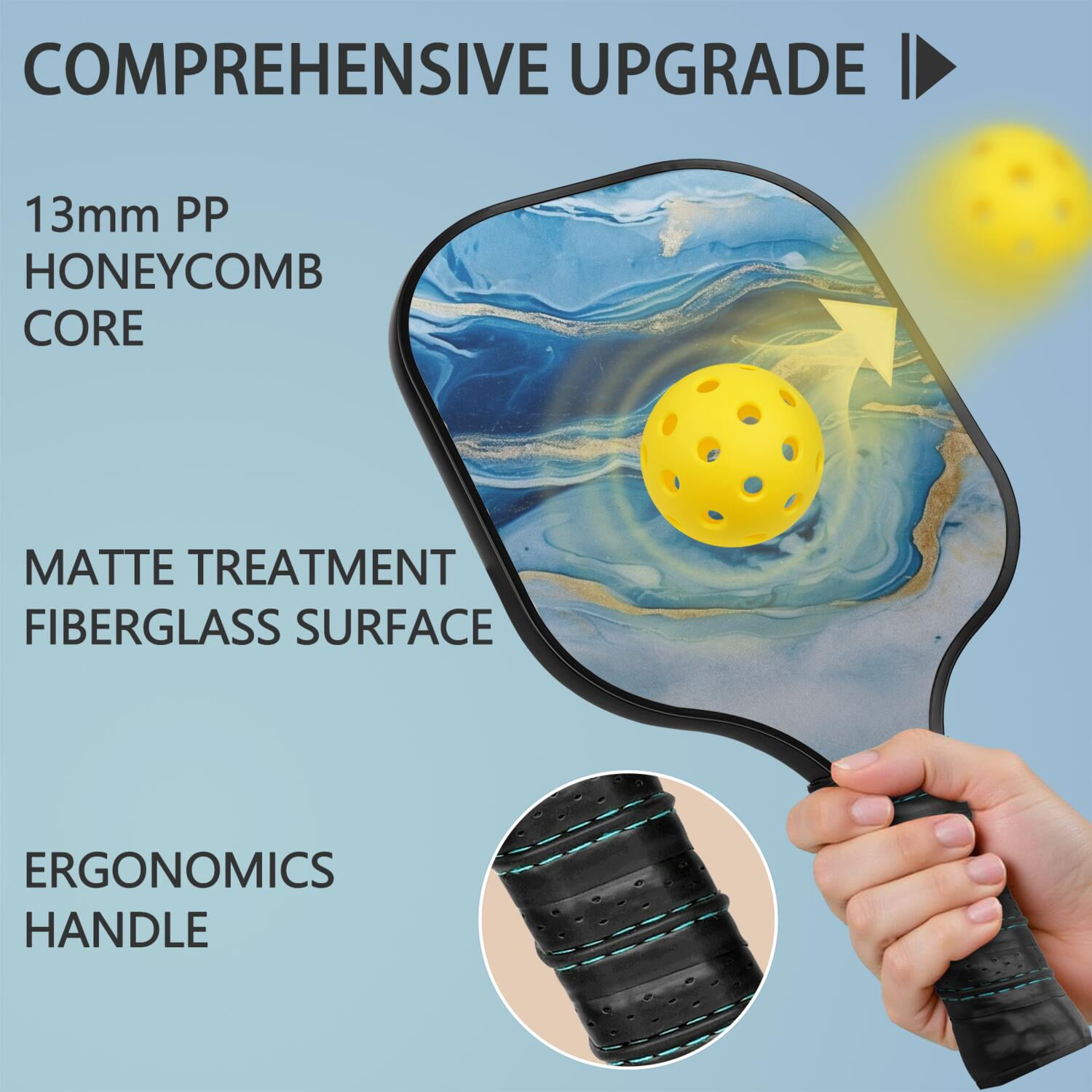 Pickleball Paddles Set Of 1, Fiberglass Surface, Turquoise Marble Pattern, 1 Paddle, 2 Balls & Bag