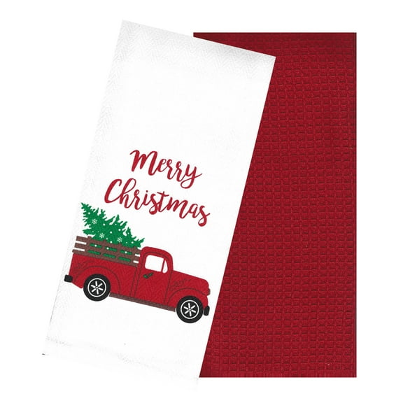 Nidico 2 Piece Christmas Towels, Vintage Red Truck White Woven and Solid Red Waffle