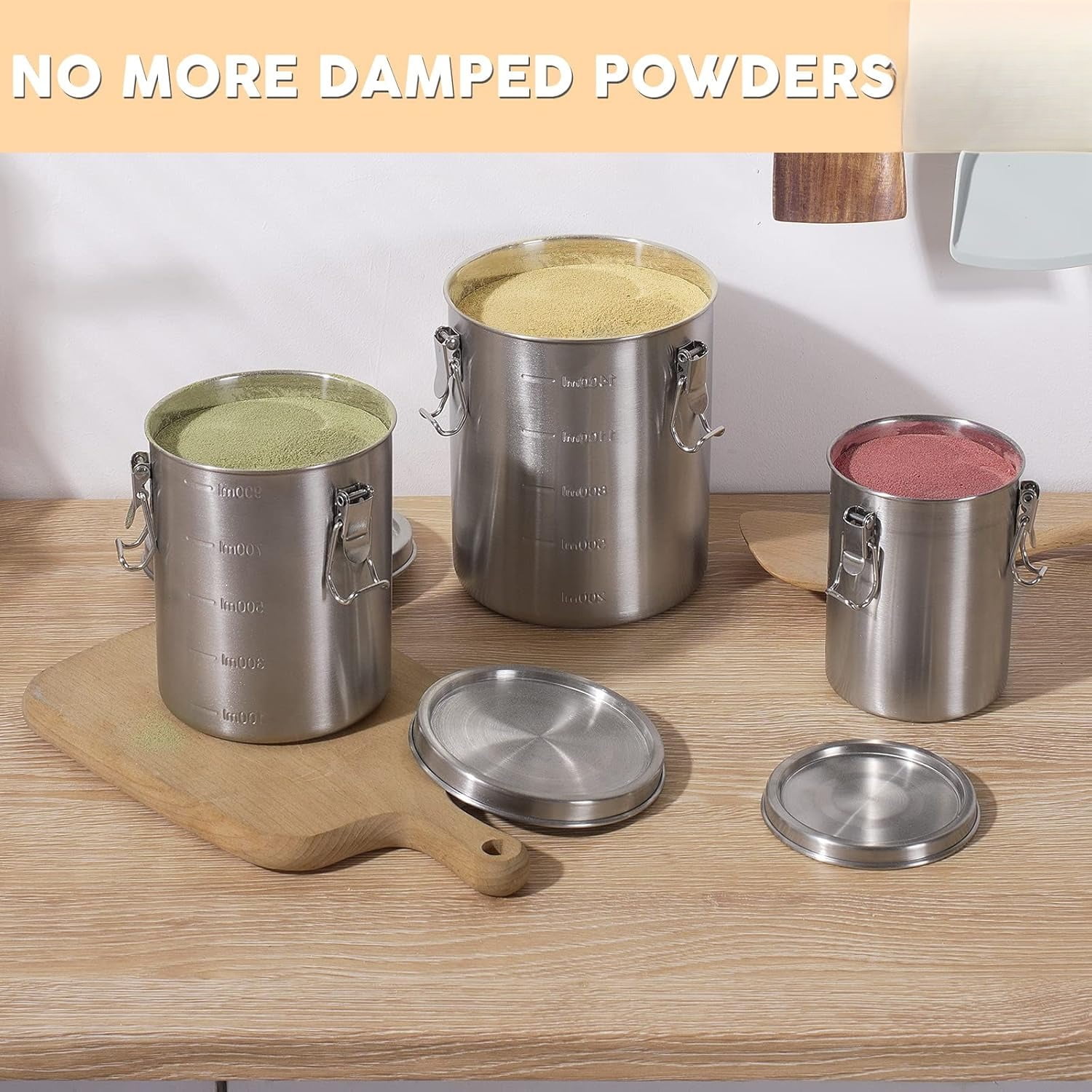 Compact Stainless Steel 100% Airtight Canisters Sets for Small Kitchens | Metal Food Storage Containers with Lids Sealed - Keep Flour, Sugar, Coffee, Tea Fresh for Months (18+35+56 fl oz)