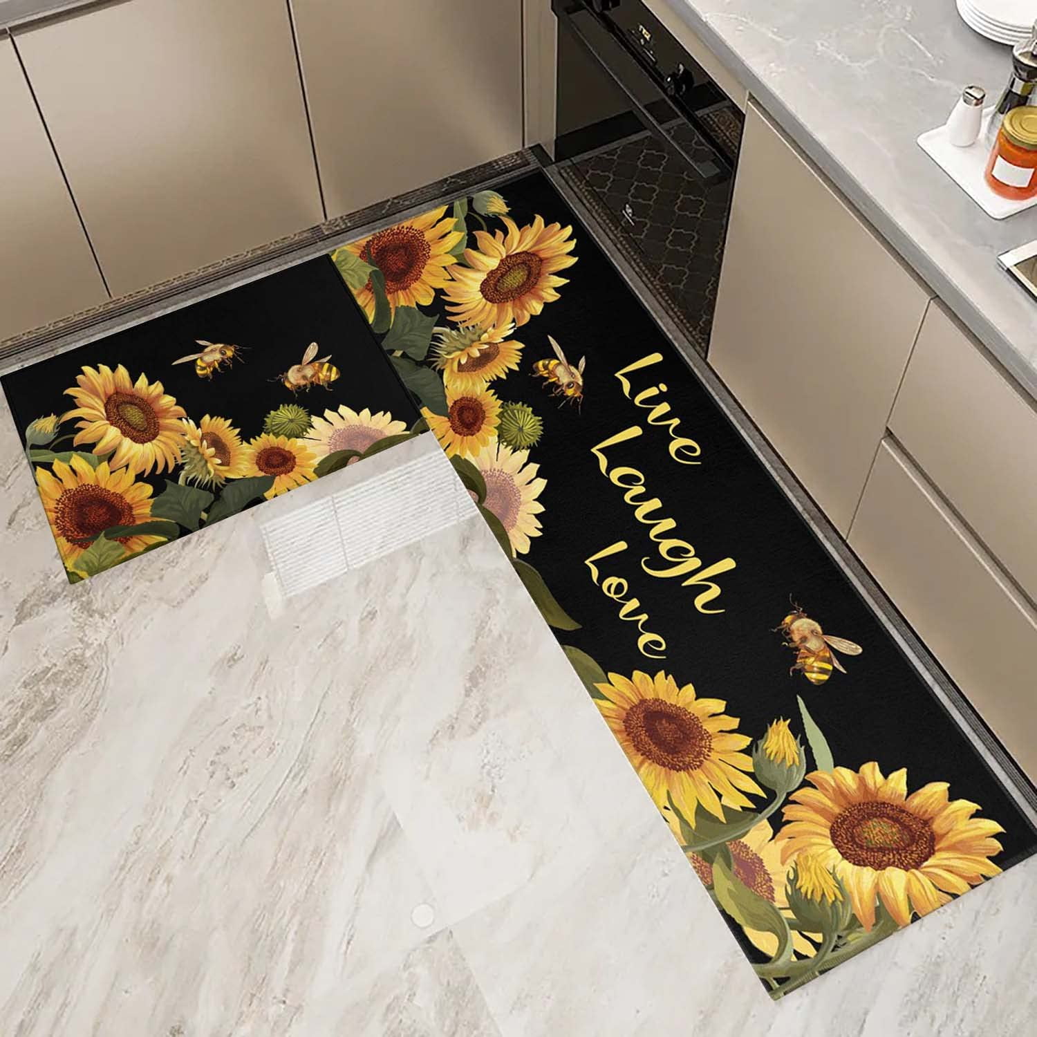 2 Pieces Kitchen Rugs Set Sunflower Bee Countryside,Water Absorbent Soft  Doormat