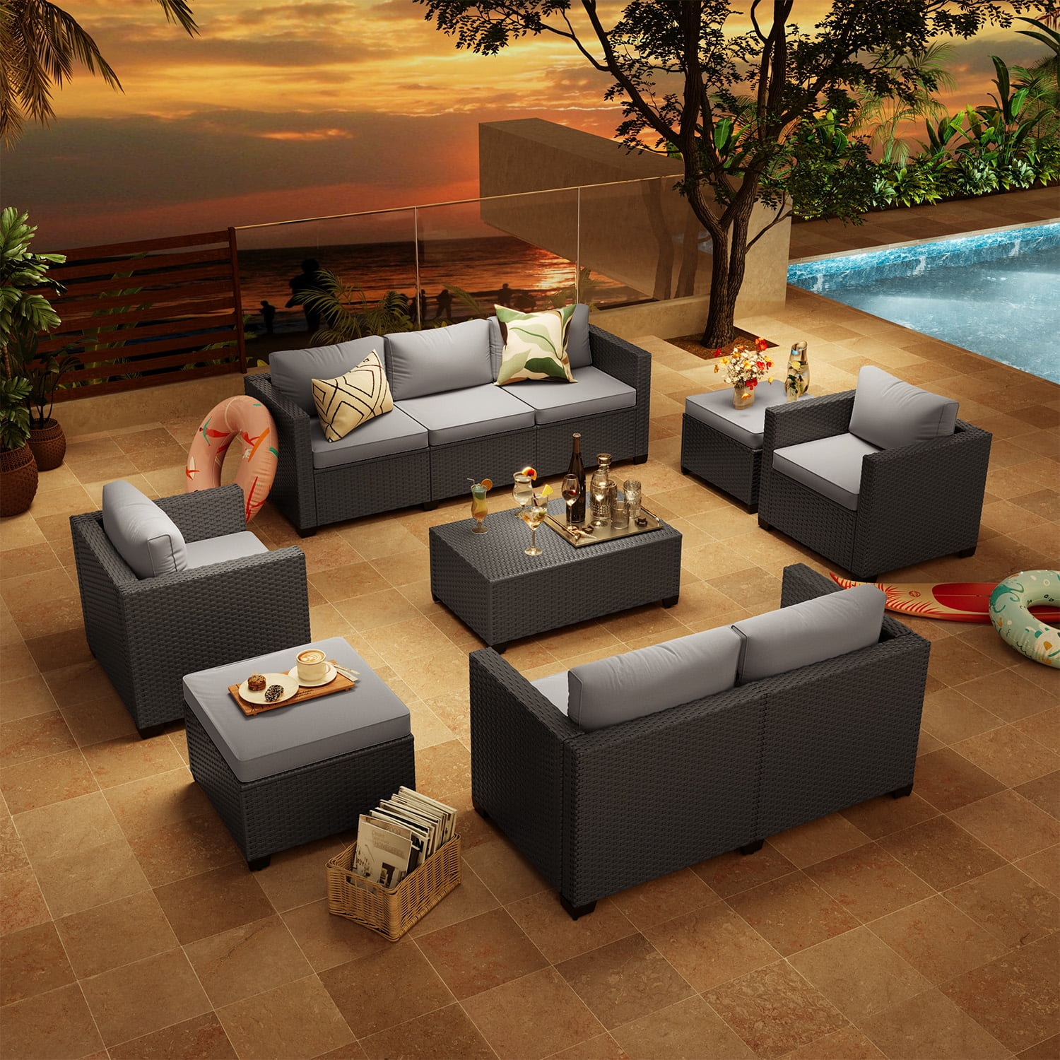 ClouddWell 7 Seat Outdoor Patio Furniture Set, Patio Conversation Sets with Thick Waterproof Cushions & Storage Coffee Table(Grey)