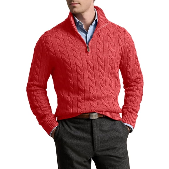 Men Half Zip Mock Neck Cable Knit Cotton Pullover Sweater Orange-Red XXXL