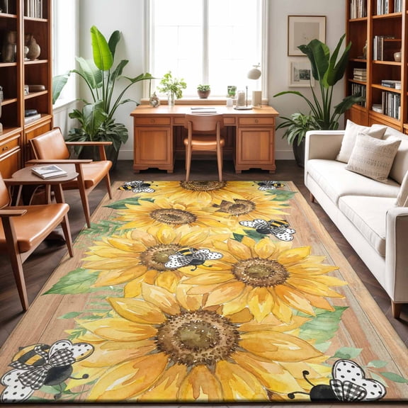 Large Area Rugs 5'x8', Sunflower Carpet Runner Indoor Outdoor Rugs Home Decor Aesthetic, Green Botanical Yellow Floral Vintage Non Slip Mats Washable Accent Rug for Living Room Bedroom