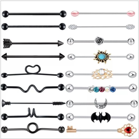 HOOUN Set of 18 Industrial Scaffold Bar Ear Piercing Straight Barbell Steel Gem Opal