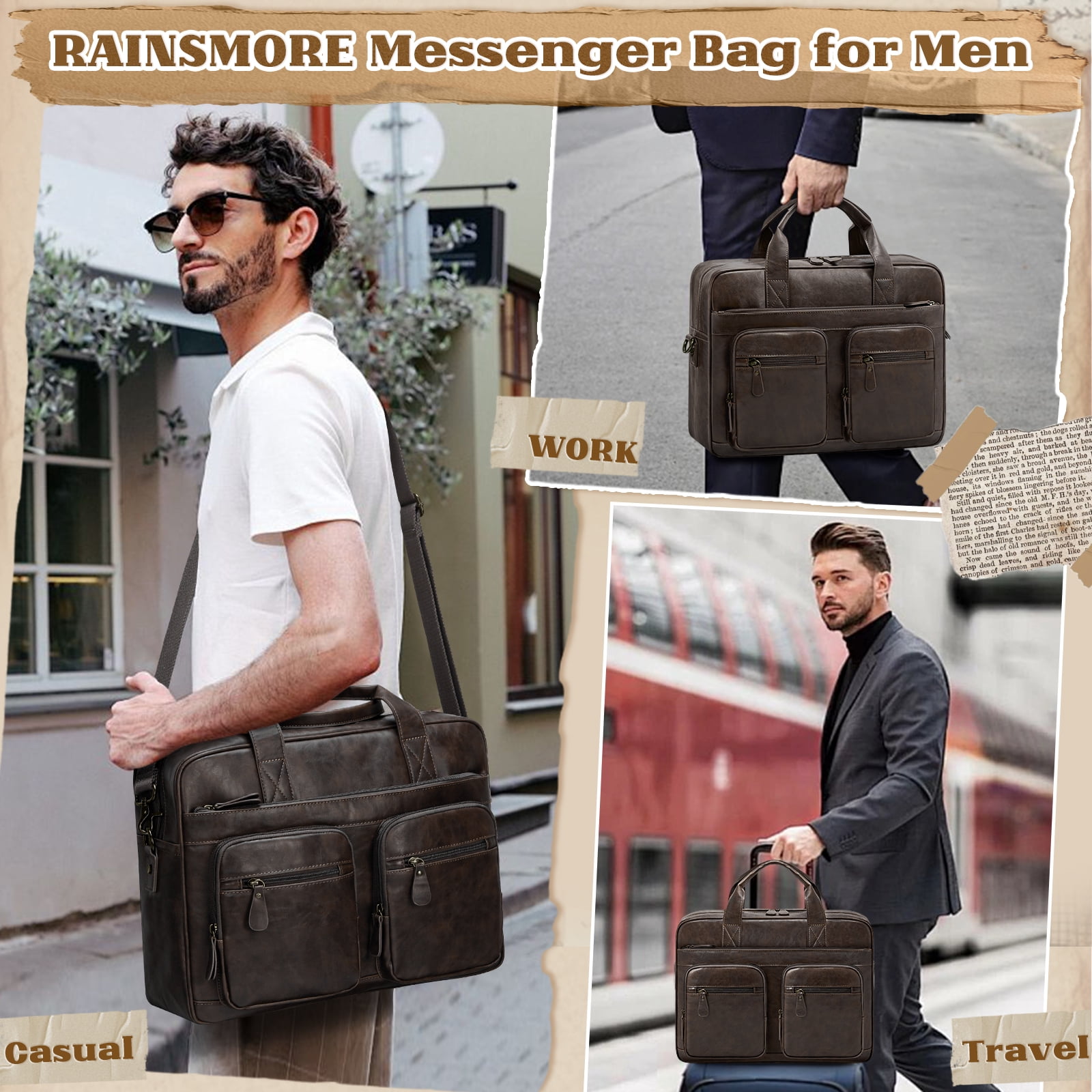 RAINSMORE 15.6 Inch Messenger Bag for Men Vintage PU Leather Laptop Bag Waterproof Computer Briefcases for Men Retro Mens Briefcase Satchel Bag for Work Office Business Travel,Coffee