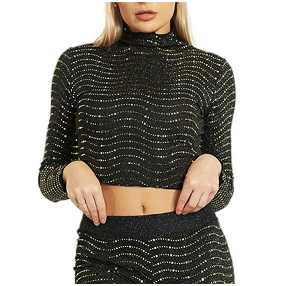 GA WEIHUA Women's Mock Neck Turtleneck Glitter T Shirts Sparkly Long Sleeve Crop Tops Women's Dinner Blouse Glitter Evening Party Concert Shirt Blouses(Gold,XXL)