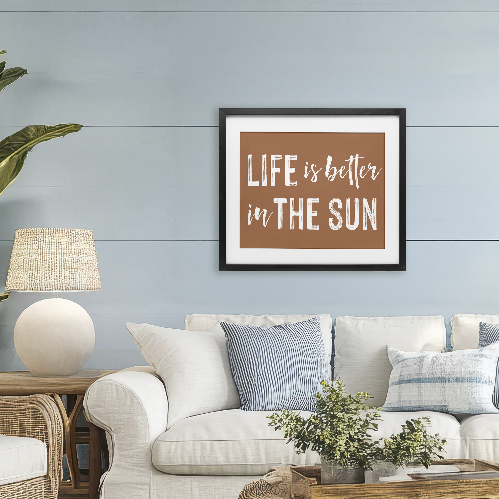 Life Better In Sun Brown Black Framed Print Under Glass, design by Lettered and Lined