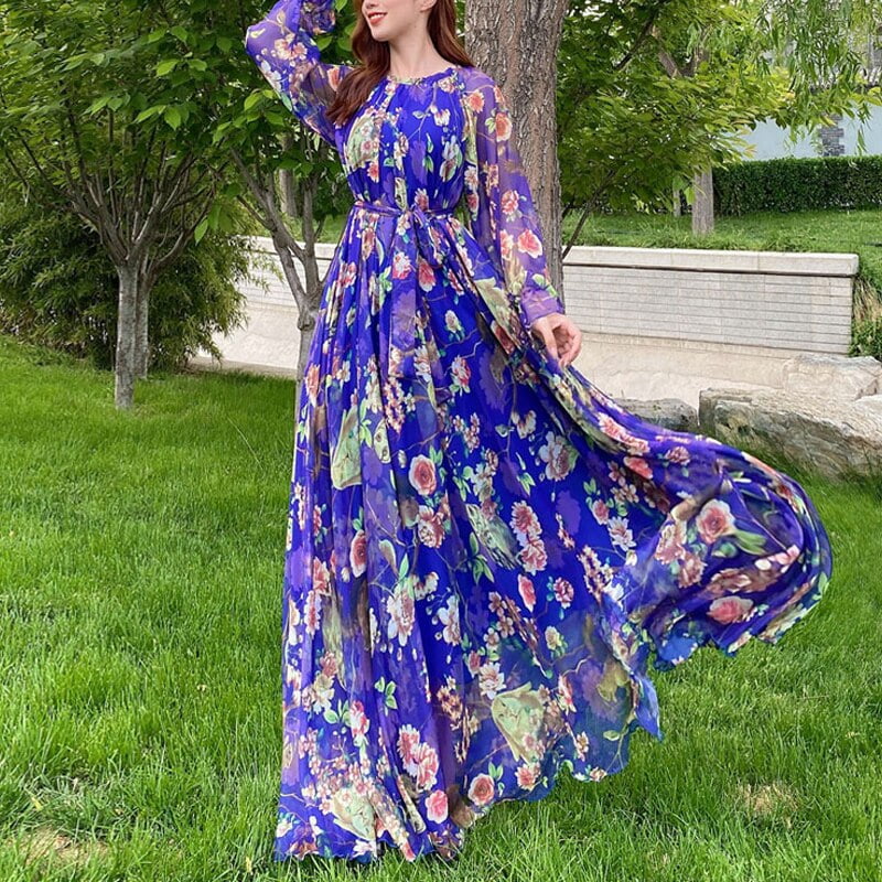 Maxi Dress Floral Printed Loose Chiffon Fashion Abaya Islamic Clothes Muslim Female Saudi Arabia Dubai Kaftan Long Dress Summer Walmart