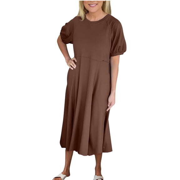 asdoklhq Dress for Women Fashion Women Summer Casual Round-Neck Short Sleeve Solid Long Dress Brown M