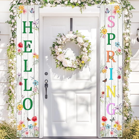 Lumumanber Hello Spring Banner Wildflower Spring Door Banner Welcome Spring Banners for Front Door Spring Decorations for Yard Indoor Outdoor