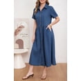 thumbnail image 6 of utcoco Womens Denim Dress Lapel Short Sleeve Frayed Hem Jean Dresses Oversized Button Down A Line Shirt Dress, 6 of 7