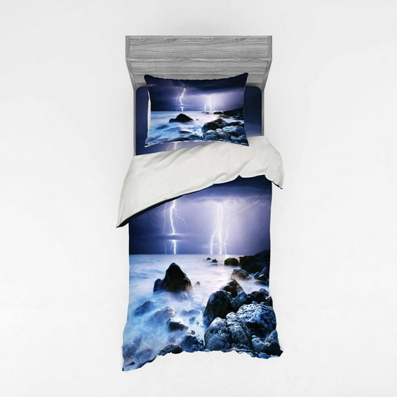 Ambesonne Summer Bedding Set 3 Pcs, Rocky Coast Mystic Storm, Twin, Grey Purple