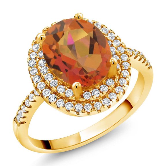 Gem Stone King 18K Yellow Gold Plated Silver Halo Engagement Ring Mystic Quartz Moissanite (2.23 Cttw)