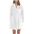 thumbnail image 2 of Voncos Women's Soft Flannel Robe with Pockets, Shawl Collar Cozy Plush Knee Length Bath & Loungewear White 2XL, 2 of 3