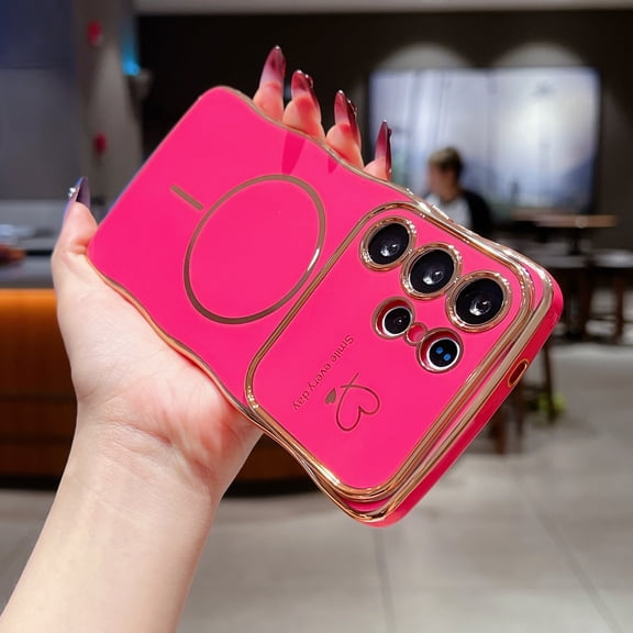 For Samsung Galaxy A26 5G Case Magnetic,for Women Girls Soft Rubber Cute Wave Frame Curly Shape Love Heart Luxury Plating Phone Case Compatible with MagSafe Shockproof Back Cover,Rose