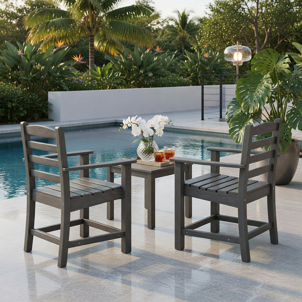 Hommoo 2-Pack HDPE All-Weather Outdoor Dining Chairs, Adirondack Patio Chairs with Wide Armrests, Rustic Wood-Look, Gray
