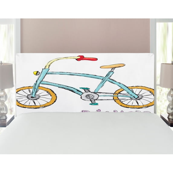 Bicycle Headboard, I Love My Bicycle Words Print a Little Bike Pedals Cartoon, Upholstered Decorative Metal Bed Headboard with Memory Foam, Full Size, Multicolor, by Ambesonne
