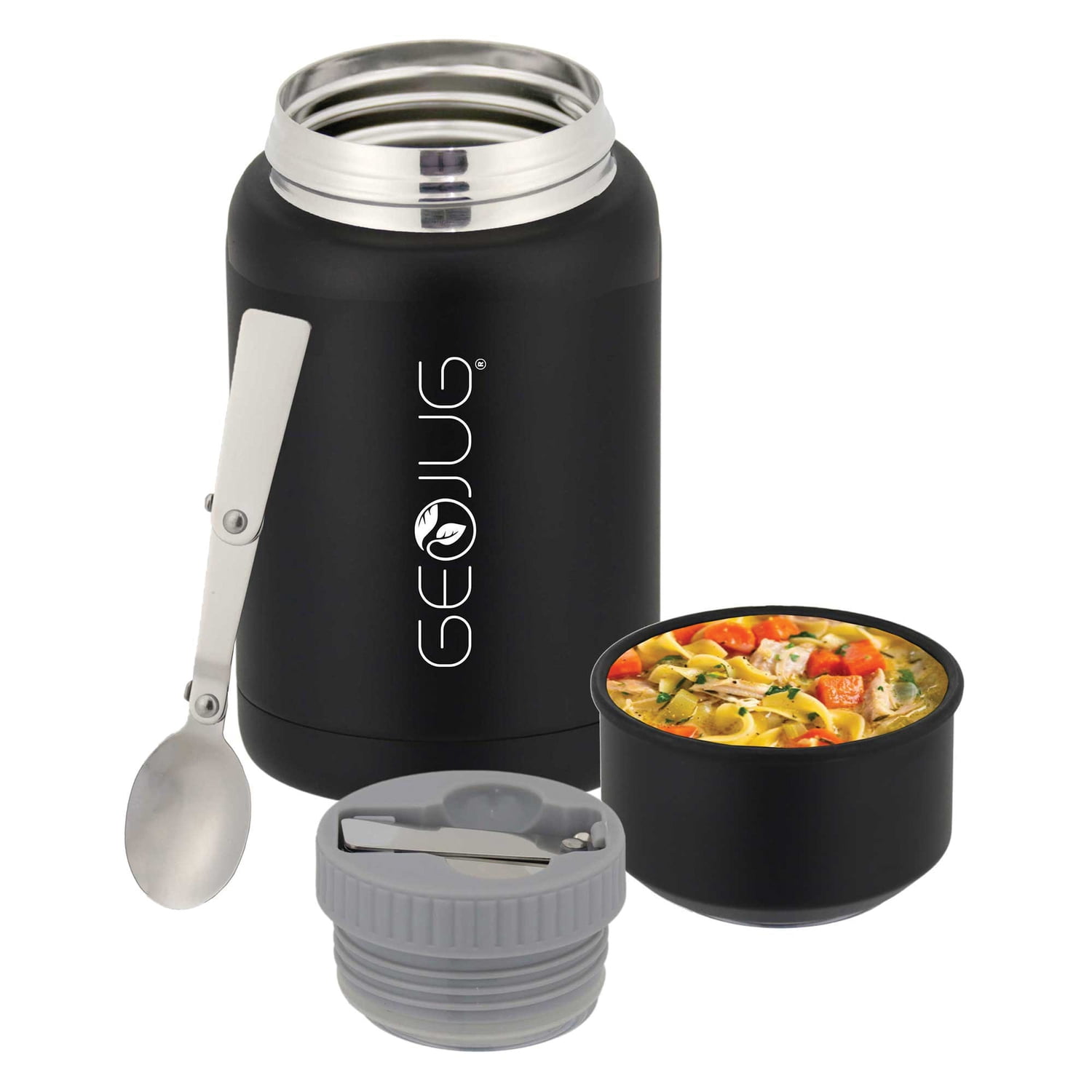 Brentwood Geojug Vacuum-Insulated Stainless Steel Food Jar with Bowl and Folding Spoon, Black (17 Oz.), FTS-500BK