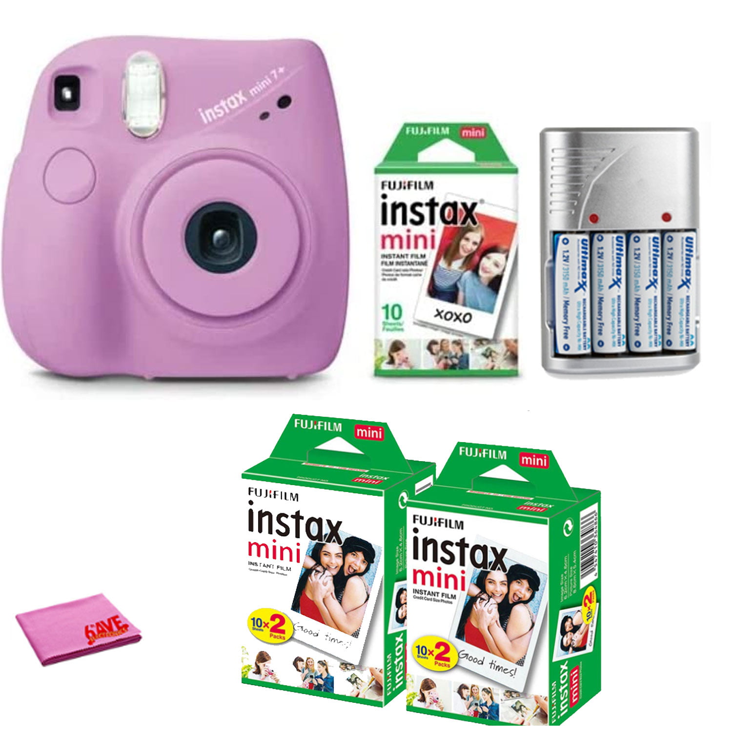 Pakket onderschrift Zijdelings FujiFilm Instax Mini 7+ Instant Camera, Lavender Bundle + (10 Film Pack) +  2x Instax Mini Twin Pack Film (50 Sheets Total) + Rechargeable Batteries -  Walmart.com