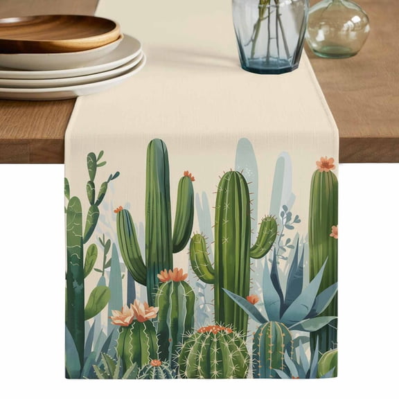 Green Cactus Table Runner, Watercolor Summer Botanical Beige Washable Cotton Linen Table Runners 48 Inches Long, Dresser Scarf Runner for Nightstand/Coffee/End Tables 13''x48''