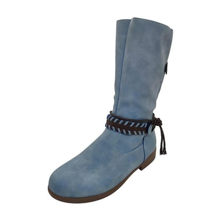 

Honeeladyy Women Fashion Shoes Retro Western Casual Warm Low Heels Mid-calf Sky Blue Sales Online