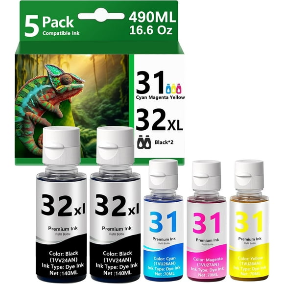 UTAH-32XL 31 Ink Bottle Set Compatible Replacement for HP 31 32 XL hp31 hp32 Smart Tank 6001 7001 7602 7301 5101 5000 5102 757 7601 755 7601 755 6002 7302 Ink Refill, Plus 651 551 Printer 5 Packs