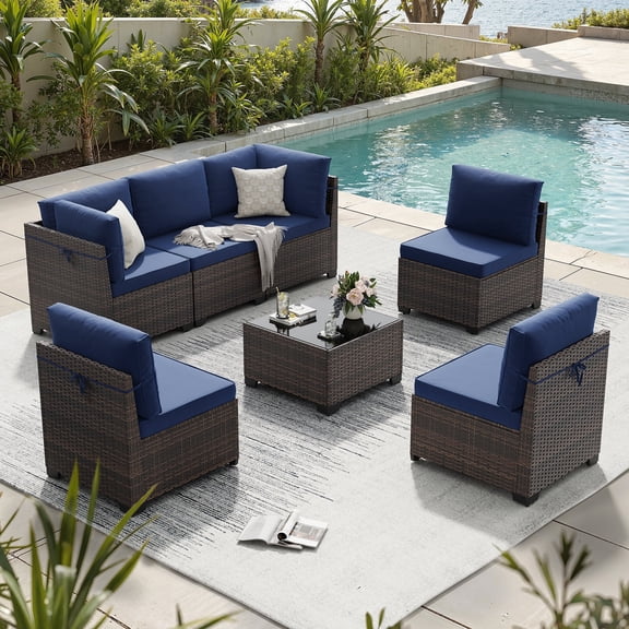 STARY 7 Pieces Outdoor Conversation Set, Patio Sectional PE Rattan Furniture Set for Backyard, Blue
