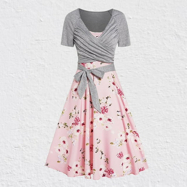 Birdeem Mode Femme Été Robe à Manches Courtes Col en V Imprimé Floral Vacances avec Fermeture Éclair