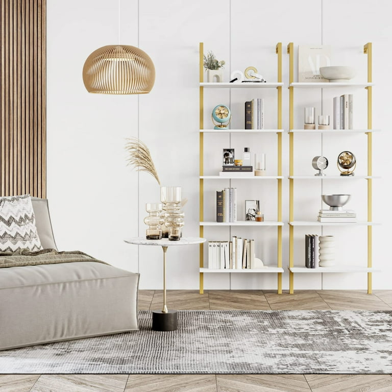 Homfa Wall Mounted Iron Bookcase 5 Tiers Ladder Shelves with Gold Frame White Finish
