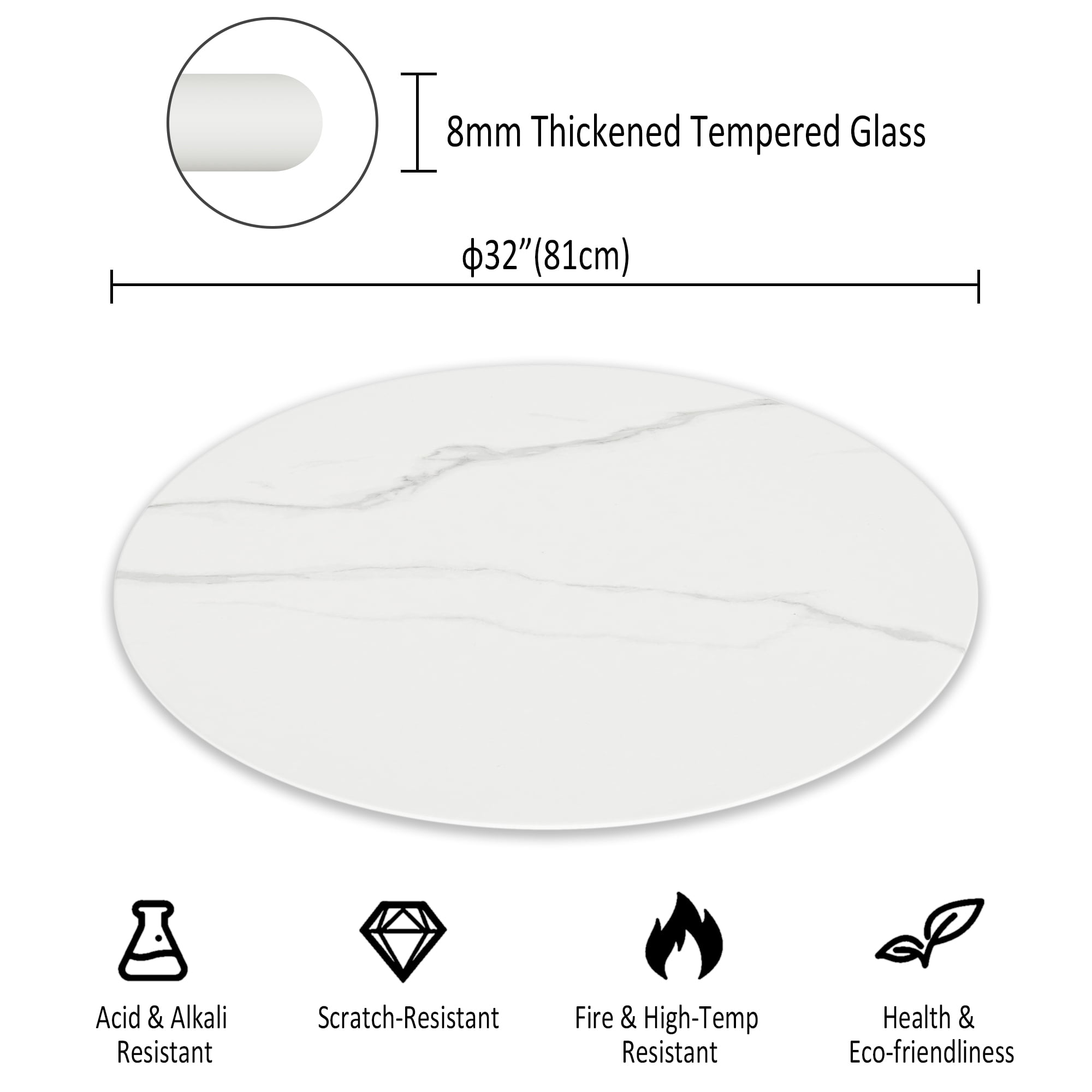 Round Glass Table Top, 32 Inch Marble Pattern Tempered Glass Replacement Desktop for Indoor Outdoor Patio Home Furniture, White