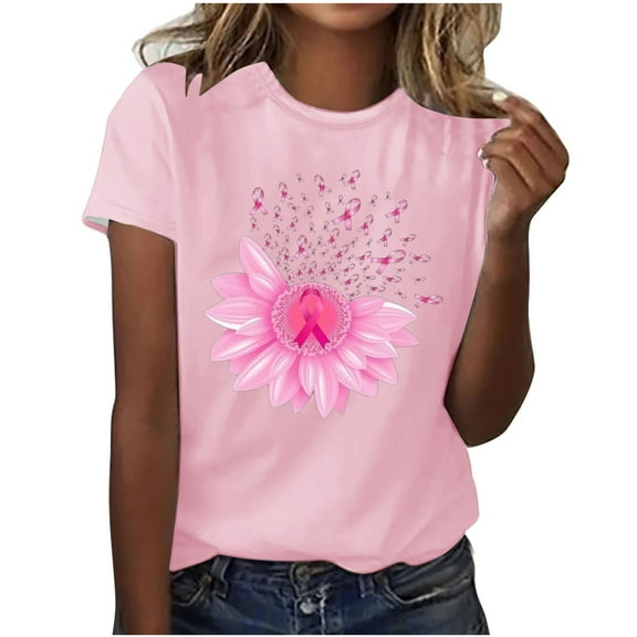 Alkepwun Breast Cancer Printed Shirts for Women Sunflower Pink Ribbons T-Shirt Breast Cancer Awareness Tee Tops