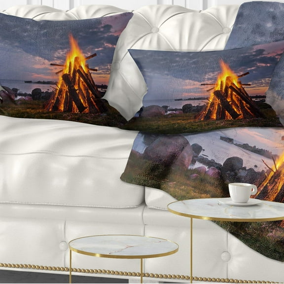 Designart Bonfire on Beach in Summer Night - Landscape Printed Throw Pillow - 12x20