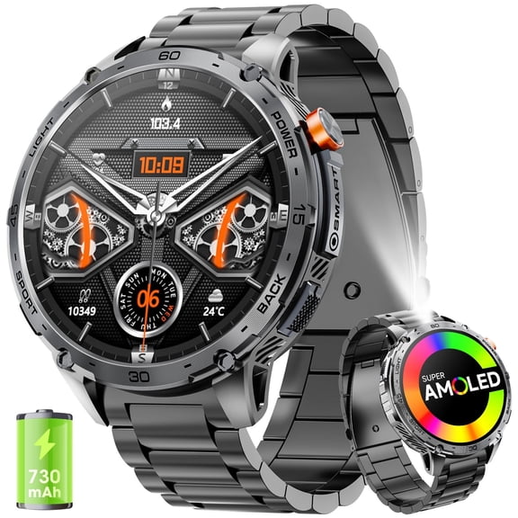 Minsxk Military Smart Watch for Men, 55MM AMOLED Display，with 110 Sports Modes/IP68 waterproof，fits for Android and iPhone Devices (Black)