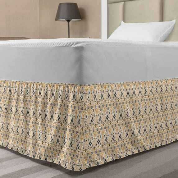 Ethnic Bed Skirt, Traditional Portuguese Mosaic Art Azulejo Tiles in Moroccan Effects, Elastic Bedskirt Dust Ruffle Wrap Around for Bedding Decor, 4 Sizes, Apricot and Charcoal Grey, by Ambesonne