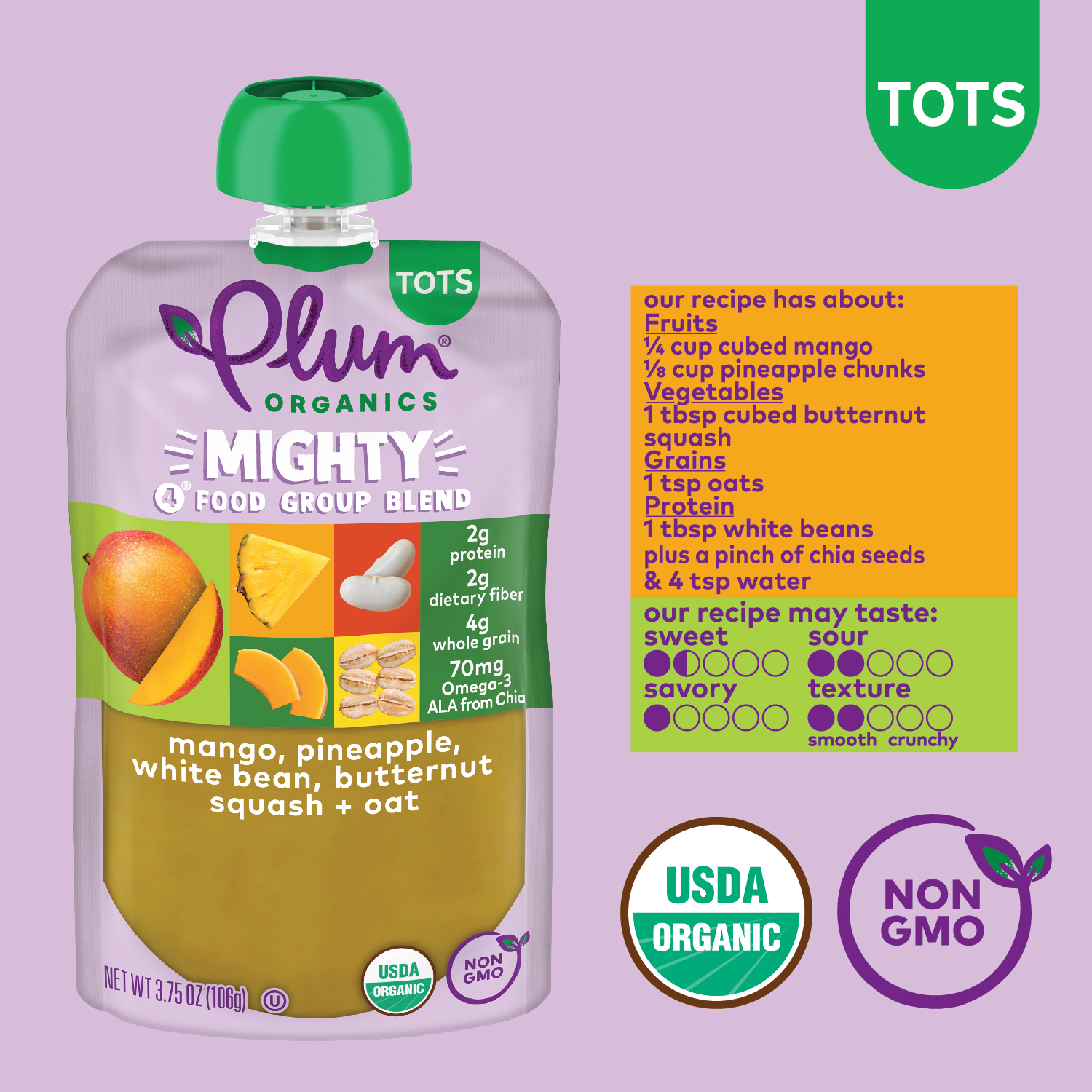 Plum Organics Mighty 4 Organic Toddler Food, Mango, Pineapple, White Bean, Butternut Squash, and Oat, 3.75 oz Pouch (6 Pack)