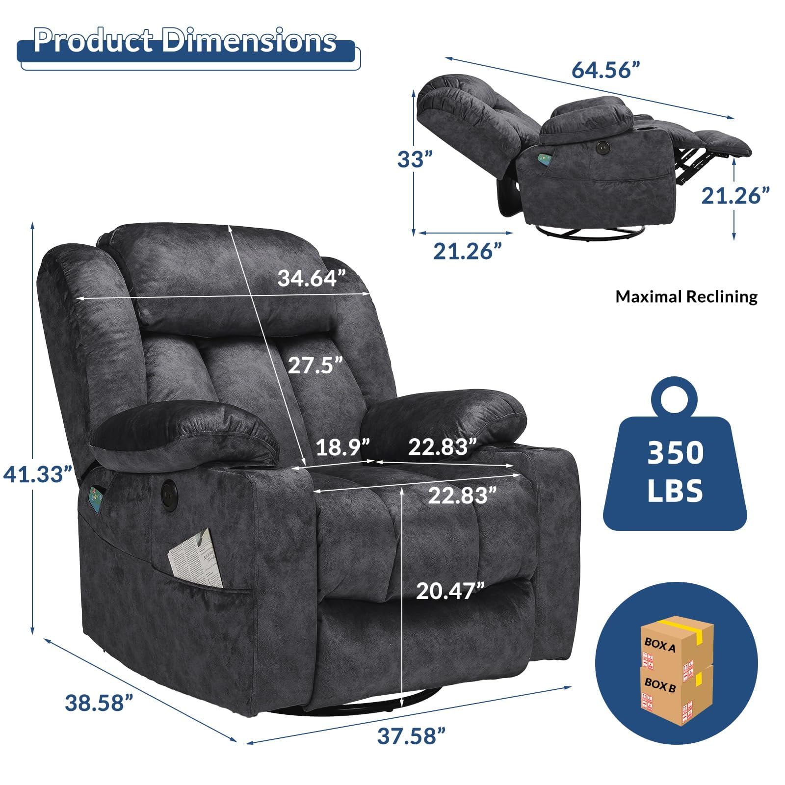 Manual Swivel Glider Rocker Recliner Chair with Heated Massage, 360° Swivel Overstuffed Lounge Chair with 2 Cup Holders, Side Pockets & USB Ports for Living Room, Fabric Gray